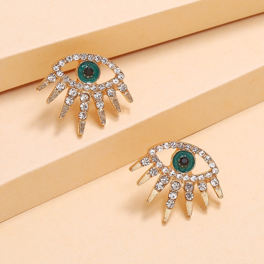 2/$20! Gold Crystal Pave Evil Eye Stud Earrings - Picture 5 of 14